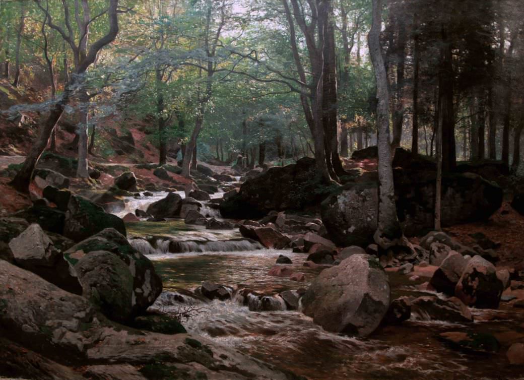 Старинная картина: " Горная речка в лесу". Западная Европа, 1900-й г. Автор: Paul Franz FLICKEL (1852-1903)Автор: Paul Franz FLICKEL (1852-1903)